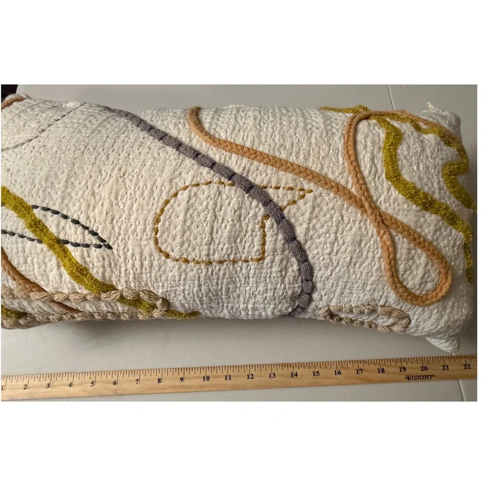 Decorative Lumbar Pillow Neutral 22x12 Cream Abstract Tufted Boho Modern Decor